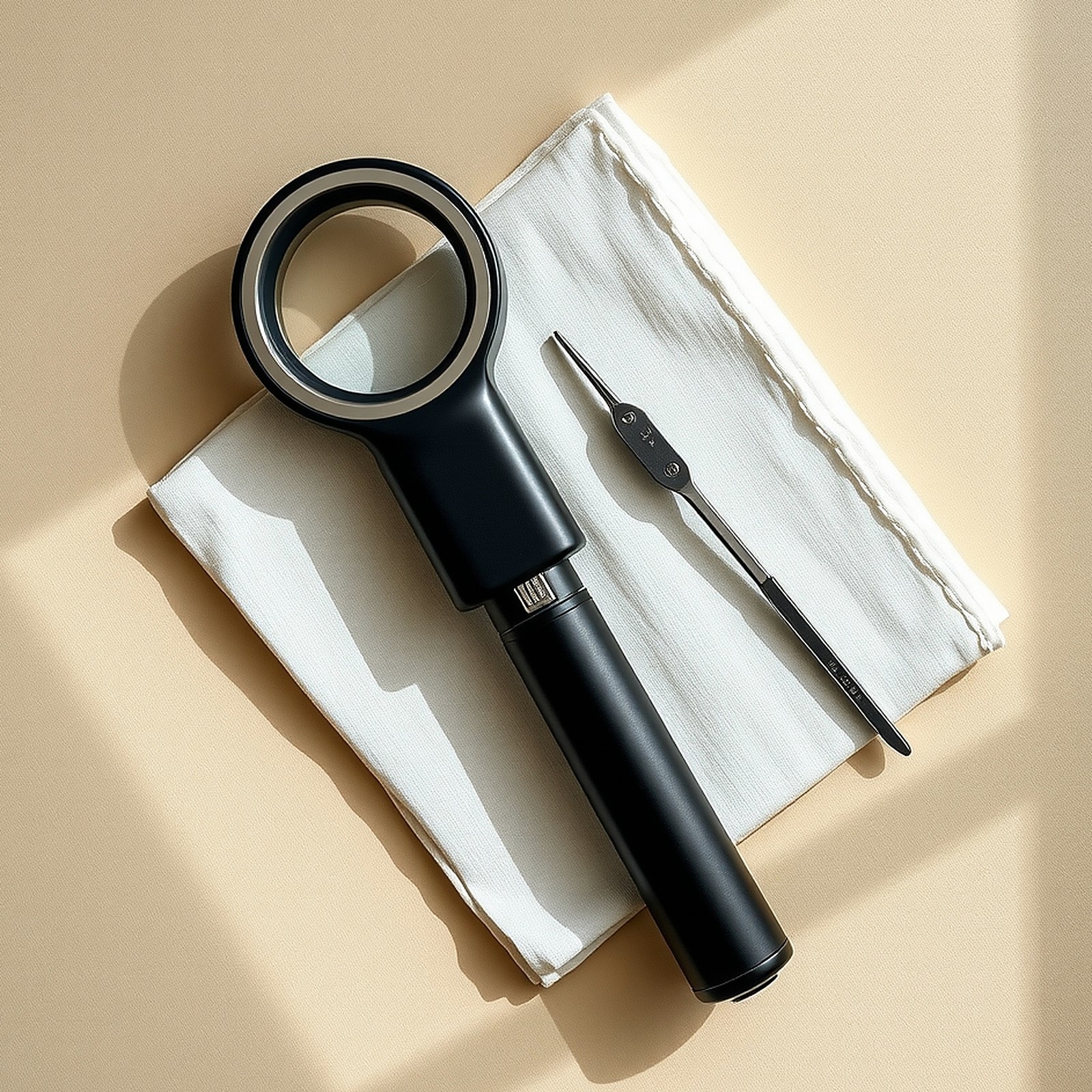 A black handheld dermatoscope with a silver lens ring beside fine steel forceps on linen