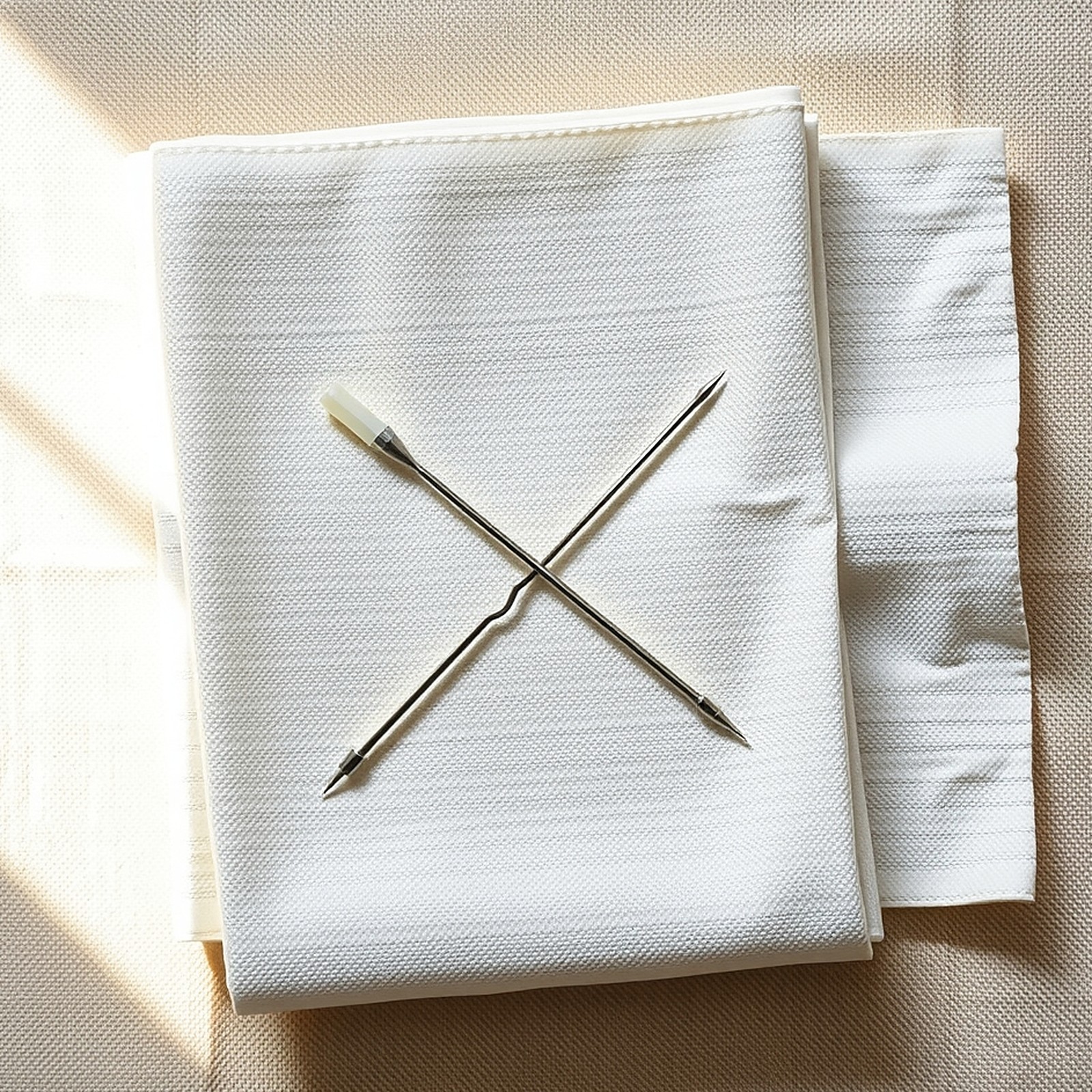 A fine blunt cannula and a fine needle crossed on a folded white linen square