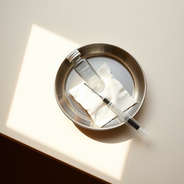 Stainless steel tray holding one sealed vial, folded gauze and a fine syringe