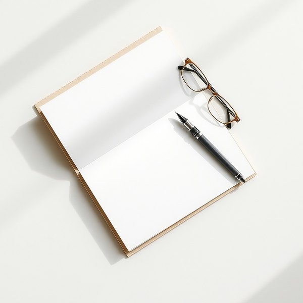 A closed card folder, thin reading glasses and a pen on a light oak desk