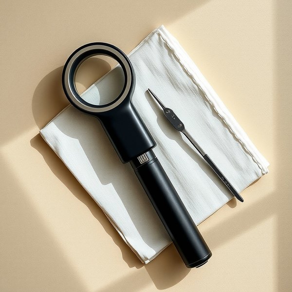 A black handheld dermatoscope with a silver lens ring beside fine steel forceps on linen
