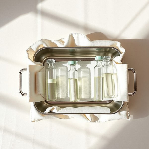 Three sealed glass ampoules standing in a steel tray lined with linen