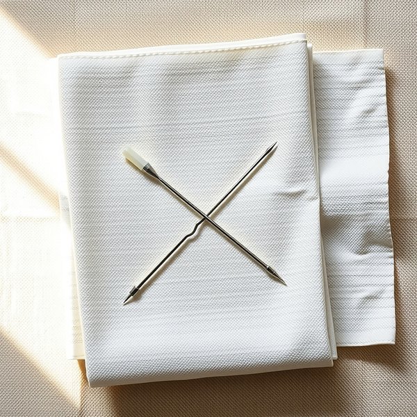 A fine blunt cannula and a fine needle crossed on a folded white linen square
